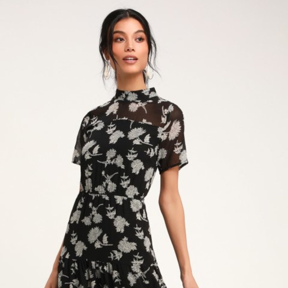 Lulu's Floral Dressed Up Black Floral Print Midi Dress